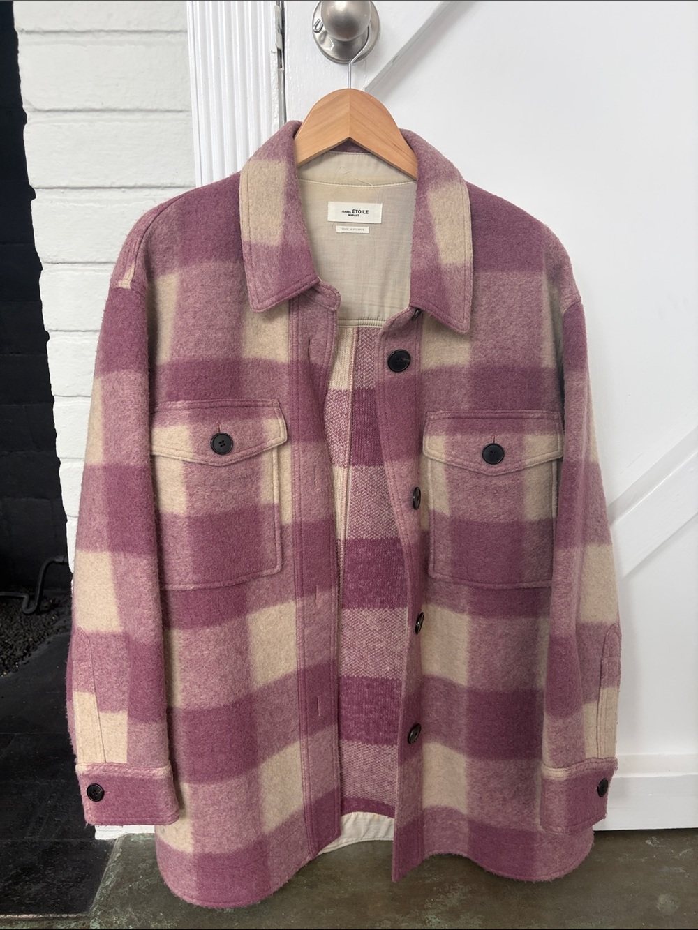 Isabel Marant -Checked Wool Shacket in Pink & Cream